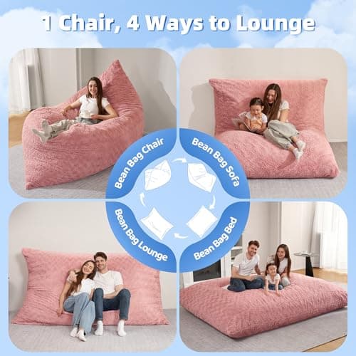 HABUTWAY 4 in 1 Bean Bag Chair, Giant Memory Foam Filling Bean Bag Sofa, Adult Bean Bag Chair, Machine Washable Faux Fur Cover, Bean Bag for Adult (Pink) - Thumbnail 6