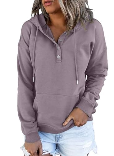 Dokotoo Oversized Sweatshirt for Women Winter Clothing Drawstring Womens Hoodies Button Collar Fleece Long Sleeve with Pockets Hooded Pullover Casual Loose Fit Cute Hoodie Tops Shirts Purple Small - Image 1