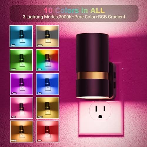 JandCase Night Lights Plug into Wall,2 Pack 10-Color Change RGB Night Light with Dusk to Dawn, 10/25/50/75/100LM Dimmable Plug in LED Nightlight for Bedroom, Hallway, Stairs - Thumbnail 2