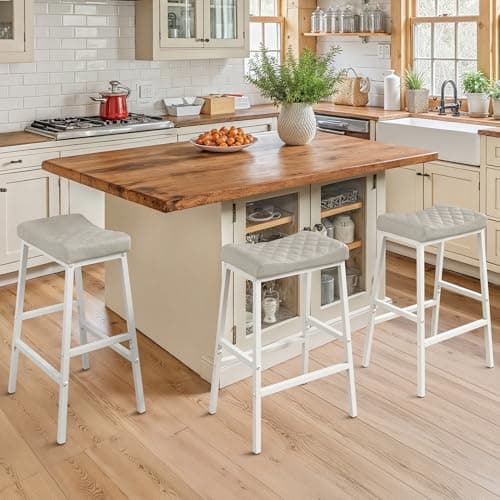 Compsia Counter Height Bar Stools Set of 3, Barstools with Thick PU Leather Saddle Seat & White Metal Legs,24Inch Kitchen Counter Stools,Light Beige Grey - Image 1