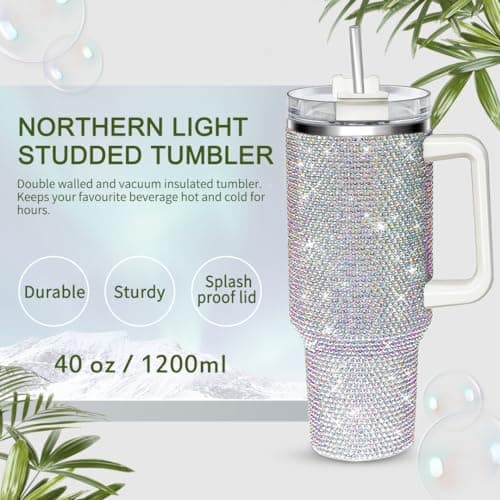 HWISDMIG 40oz Tumbler with Handle-Glitter Rhinestones Tumbler Bling Cups Stainless Steel Water Bottle Diamond Studded Tumbler for Women-Birthday Gifts for Women, Mom, Wife, Girlfriend (40 oz, Shiny) - Thumbnail 2