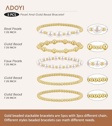 adoyi Gold Bracelets for Women, 14K Gold Plated Beaded Bracelets Stack Trendy Stackable Bracelet Set Strand Stretch Pearl Ball Bracelet Bracelet Set Jewelry for Gifts Set for Women Gift - Thumbnail 5