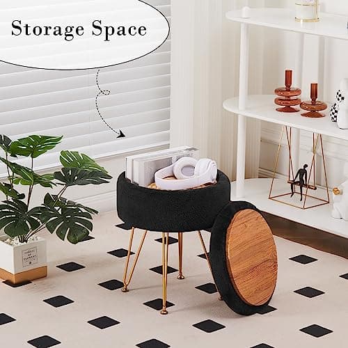 Cplxroc Footrest Footstools Round Faux Fur Ottoman with Storage Space Soft Vanity Chair Seat Coffee Table Ottoman Small Side Table Metal Legs with Adjustable Footings (Black) - Thumbnail 5