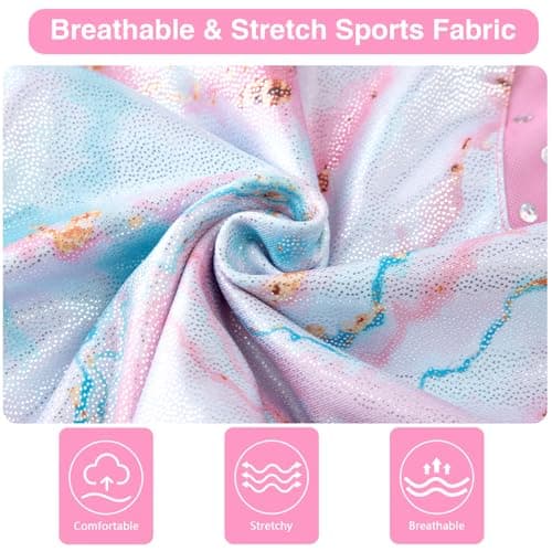 HOZIY Girls Gymnastics Practice Leotards Kids Sleeveless Ballet Mesh Splicing Unitards Sparkle Marble Pink 3 Piece Tumbling Outfits with Shorts 6-7 Years - Thumbnail 6