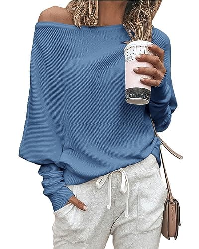Zenlonr Women's Fall Sweaters 2026 Casual Long Batwing Sleeve Loose Off Shoulder Knit Pullovers Jumper Tops(Blue,Large) - Image 1