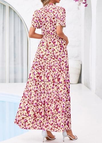 KIRUNDO Womens Summer Floral Maxi Dress Short Sleeve V Neck Boho Long Flowy Casual A Line Dresses 2026 Beach Vacation Outfits(Purple Flower, X-Large) - Thumbnail 3