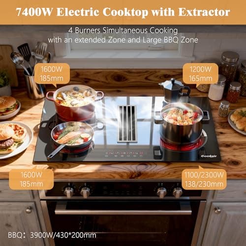 Cooksir 30 Inch Electric Cooktop with Ductless Downdraft - 4 Burner Built-in Stove 7400W, 30" Electric Stove Downdraft Range Hood 135W, Timer, Safety Lock, 220V Hard Wired, Recirculating Air Vent - Thumbnail 5