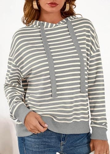 KIRUNDO Sweatshirt For Women Casual Loose Striped Long Sleeve Drawstring Hoodie Pullover Hooded Tops Fashion Clothing(Grey, Medium) - Thumbnail 4