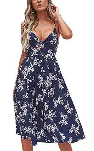 ECOWISH Women 2024 Summer Dresses Tie Front V-Neck Spaghetti Strap Button Down A-Line Backless Swing Midi Dress 809 Navy Blue L - Image 1