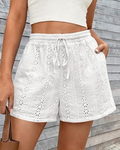 KIRUNDO Shorts for Women Summer Casual Lace Elastic Waist Drawstring Cute Eyelet Boho Lounge Shorts Beach Vacation Outfits(White, XX-Large) - Thumbnail 3