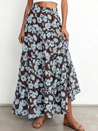 BTFBM Floral Maxi Skirts for Women Summer Spring 2026 Elastic Waist Tiered Flowy Beach Vacation Boho Midi Long Skirt(Floral Brown Light Blue, X-Large) - Thumbnail 3
