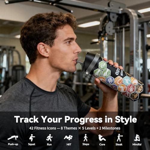 24 oz Motivational Insulated Stainless Steel Water Bottle for Sports, Gym & Travel, 2-in-1 Push-Button Spout & Quick-Flip Straw, Leak-Proof BPA-Free, Keeps Cold 30H, with DIY Fitness Stickers - Thumbnail 6