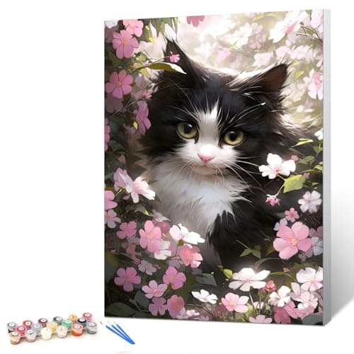 Ginkko Paint by Numbers Kit for Adults Beginner & Kids Ages 8-12 with Wooden Frame Easy Acrylic on Canvas 8x12 inch with Paints and Brushes, Cat Flower (Include Framed) - Image 1
