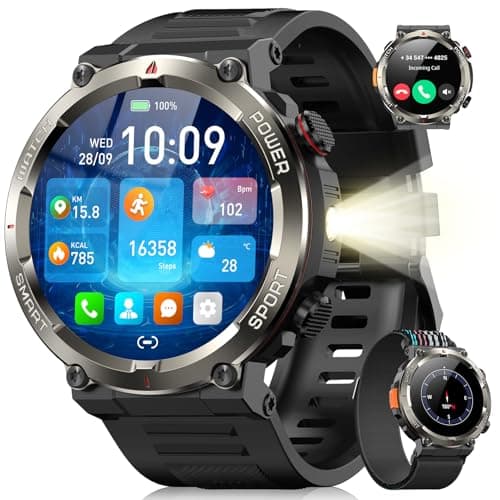 Military Smart Watch for Men(Answer/Make Calls),Outdoor Smartwatch with 100 Days Battery/Flashlight/Compass/Heart Rate/SpO2/Sleep Monitor/2 Straps, Rugged Fitness Watch for iPhone/Android Phones - Image 1