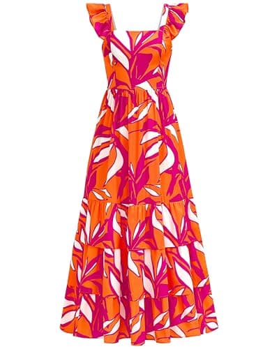 dowerme Summer Dresses for Women 2026 Casual Ruffle Smocked Tiered A-Line Boho Floral Maxi Beach Sun Dress with Pockets(Rose Red Floral,X-Large) - Image 1