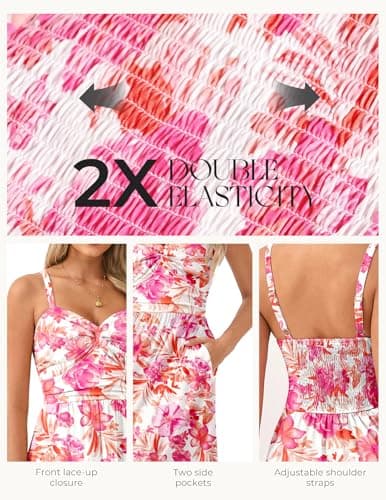 GRACE KARIN Womens Summer Casual Dress Floral Spaghetti Strap Midi Dresses Beach Vacation Sundresses Floral White Pink M - Thumbnail 4