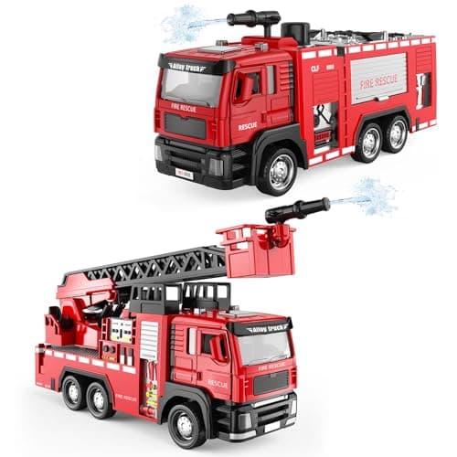 ADTHLIER 2 Pack Die-Cast Fire Truck 2 Pack, 1:50,Smoke Exhaust Water Spray Truck & Aerial Ladder Truck, with Lights & Sounds, for Kids 3-9