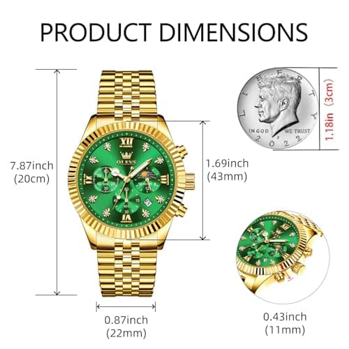 OLEVS Gold Watches for Men Luxury Dress Green Big Face Stainless Steel Analog Quartz Mens Watch Wrist Waterproof Fashion Chronograph Moon Phase Luminous Mens Watches Relojes para Hombres - Thumbnail 2
