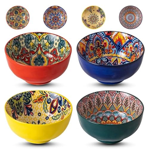 JINNTHE Bohemian Bliss 4.5-Inch Ceramic Bowls, Set of 4 - Colorful Dip Bowls, Salad Bowls, Snack Rice Bowls with Handcrafted Artisan Prints, Dishwasher & Oven Safe