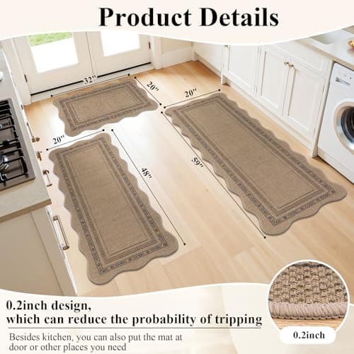 U'Artlines Non-Slip Scalloped Kitchen Rugs Set 3 PCS, 20"x32"+ 20"x48"+20"x59" Washable Low Profile Easy Jute Kitchen Floor Mats Runner Set for Sink Hallway Entryway Laundry Decor(Colorful) - Thumbnail 2