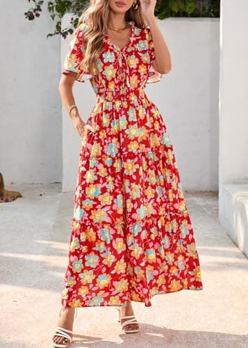 KIRUNDO Spring Summer Wedding Guest Dresses for Women 2026 Boho Floral Short Sleeve V Neck Ruffle Tiered Flowy Maxi Dress(Wine Red, Medium) - Thumbnail 4