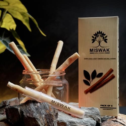 MISWAK Sticks - Pack of 5 Natural Toothbrush Sticks with Vacuum Holder | Sewak Sticks for Teeth | Authentic Peelu Wood (Salvadora Persica) | Teeth Whitening & Gum Strengthening