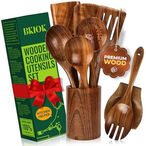 Bkiok Teak Wood Utensil Set, Wooden Utensils set for Kitchen Handmade Cooking Utensil Set with Spoon Rest and Utensils Holder (9Pcs) - Image 1