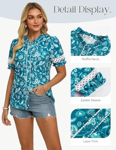 GRACE KARIN Women Boho Floral Tops, Summer Short Eyelet Sleeve Dressy Casual Shirts, Spring Button Down Blouse 2026 Trendy Blue X-Large - Thumbnail 4
