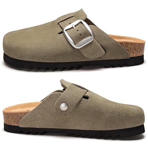 Brelzo Calvior Suede Clogs for Women Leather Mules Slip-on Sandals Men's Potato Shoes with Arch Support Army Green - Thumbnail 6
