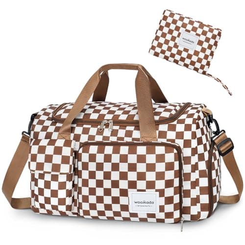 WOOMADA Foldable Travel Duffel Bag for Women, Weekender Bags with Shoes Compartment,Overnight Bag with Wet Pocket & Trolley Sleeve(brown checkerboard)