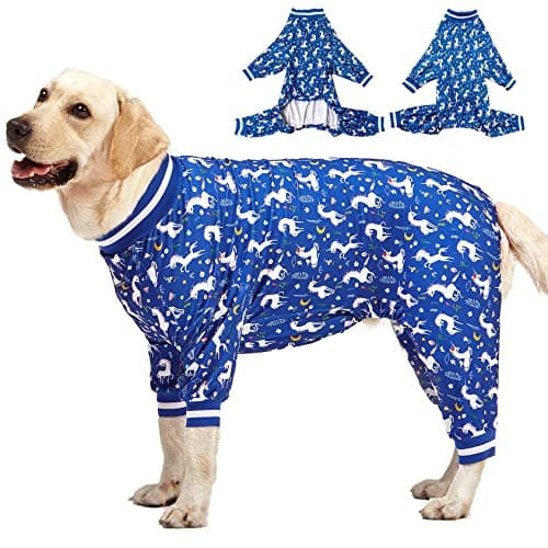LovinPet Large Dog PJS Clothes: Wound Care/Post Surgery Mastiff Shirt, Lightweight Stretchy Knit Dog Pajamas, Mermaids & Unicorns Blue and White Print, Mastiff Pajamas, Pet PJ's/XX L - Image 1
