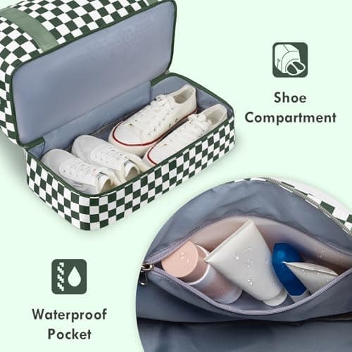 WOOMADA Weekender Overnight Bag for Women, Shoulder Travel Duffel with Shoes Compartment,Gym Bag with Toiletry Bag Large Size(Army Green Checkerboard) - Thumbnail 5