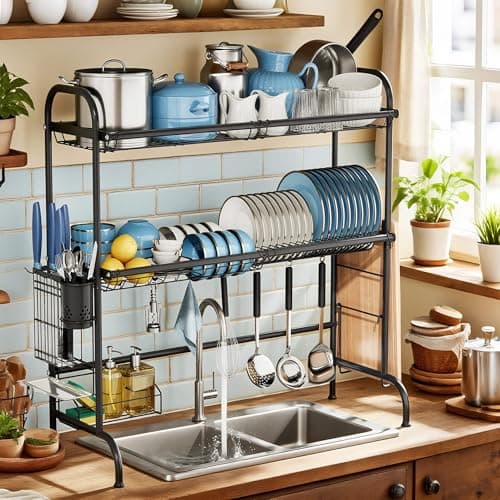 MOUKABAL Dish Drying Rack - Stainless Steel Over The Sink Dish Drying Rack (Expandable Length), 2 Tier Large Dish Rack with Utensil Holder, 32.3" - 33.9"(L) x 11.4"(W) x 32.3"(H) Black - Image 1