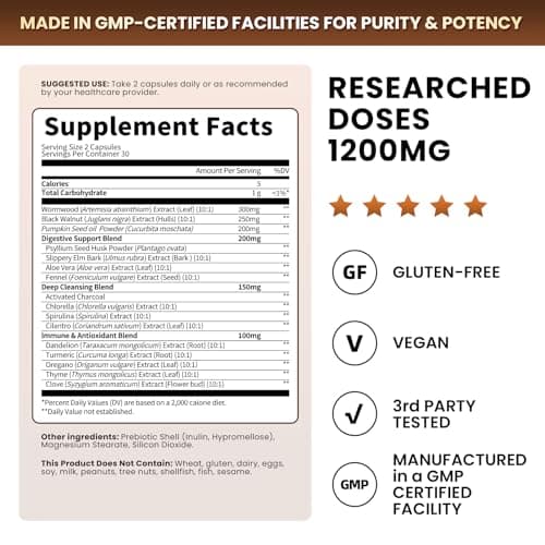 Lukaree Wormwood Black Walnut Cleanse for Human 1200mg – Ultra Gut Cleanse & Digestive Health w/Pumpkin Seed Oil,Clove,Activated Charcoal -10X Concentrated, Men & Women Probiotic Capsules -Vegan,60 CT - Thumbnail 6