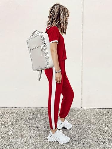 MASCOMODA Womens 2 Piece Outfits 2026 Summer Tracksuit Sets Short Sleeve Tops Travel Long Pants Jogger Lounge Set(Red,Large) - Thumbnail 4