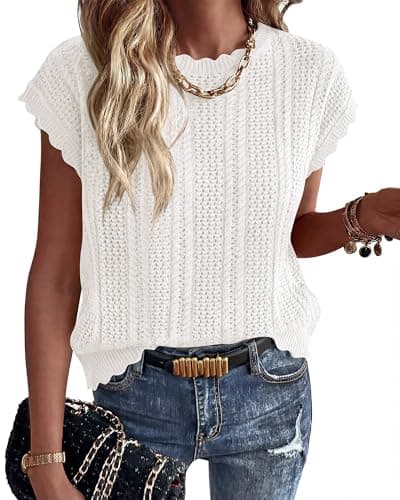 KIRUNDO Crochet Tops for Women Cap Short Sleeve Sweater Vest 2026 Spring Summer Cable Knit Pullover Beach Vacation Outfits(White, XX-Large) - Image 1