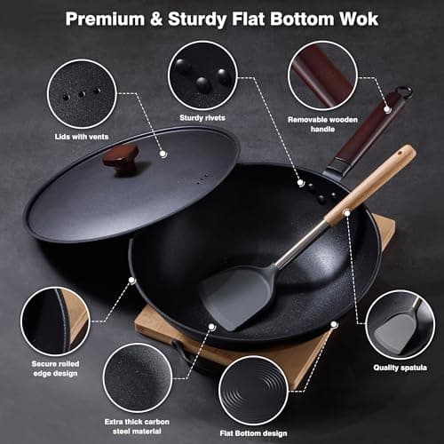 Teewe Carbon Steel Wok -13 Inch Woks & Stir-fry Pans Nonstick, Wok Pan with Lid Spatula and Dish Brush: Pre-Seasoned Flat Bottom Chinese Woks for Induction, Electric, Gas, All Stoves - Thumbnail 4