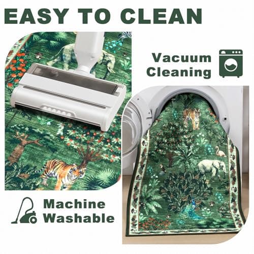Yamaziot Hallway Runner Rug 2x6 – Jungle Animal Print Linen Rug with Non Slip Backing, Low Pile Washable Distressed Boho Carpet for Indoor Outdoor Rug, Kitchen, Bedroom, Entrance, Forest Green - Thumbnail 6