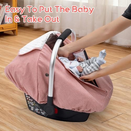 Car Seat Cover Baby Girl, Waterproof Infant Car Seat Canopy with Peep Window and Breathable Holes, Warm Carseat Cover with Plush Dots Lining for Cold Weather - Thumbnail 4
