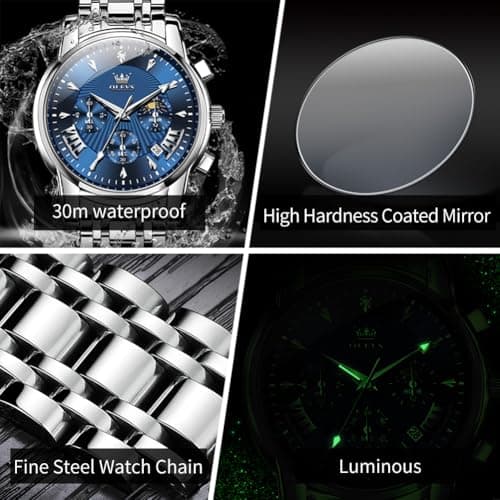 OLEVS Watches for Men Luxury Blue Face Mens Watch Classic Silver Stainless Steel Waterproof Big Face Men's Wrist Watches Unique Dress Quartz Chronograph Fashion Male Watch Relojes para Hombres - Thumbnail 5
