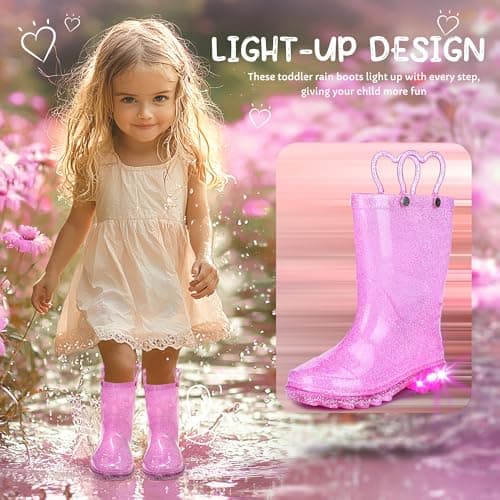 Funspread Toddler Rain Boots Girls Rain Boots - Glitter Light Up Kids Rain Boots with Easy-On Handles Lightwight Waterproof Rain Shoes Glitter Pink Size 5 - Thumbnail 2