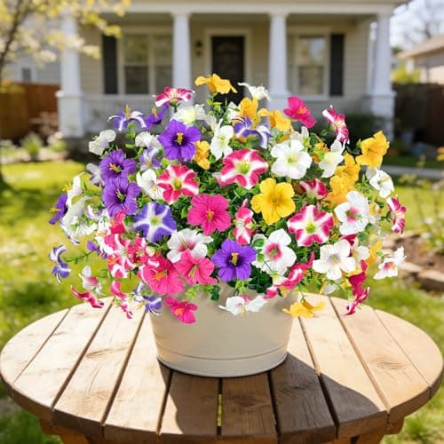 ICX 12PCS Artificial Flowers for Outdoors, Artificial Petunias with Eucalyptus, UV Resistant, Fake Flowers for Outside for Pot, Front Door, Porch, Yard, Patio, Window Box, Hanging Basket (12pc Mix - Thumbnail 3