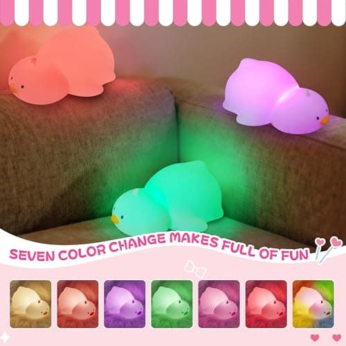 loatme Night Light for Kids, Rechargeable Dimmable Silicone LED Nightlight with 7 Colors, Baby Nursery Night Lamp, Touch Squishy Lamp, Cute Gifts for Girls, Boys, Toddler Room Decor, Lying Duck - Thumbnail 2
