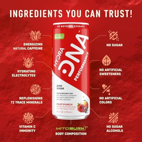 HYDRADNA- Clean Performance Drink, Zero Sugar | For Natural Fuel, Alertness, Boost, Stamina,120 mg Organic Caffeine, Natural Flavors, Zero Sucralose, Clean Ingredients (12 Pack) (12 Pack, Fruit Punch) - Thumbnail 4