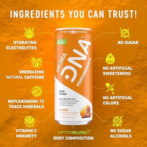 HYDRADNA- Clean Performance Drink, Zero Sugar | For Natural Fuel, Alertness, Boost, Stamina,120 mg Organic Caffeine, Natural Flavors, Zero Sucralose, Clean Ingredients (12 Pack) (12 Pack, Orange) - Thumbnail 4