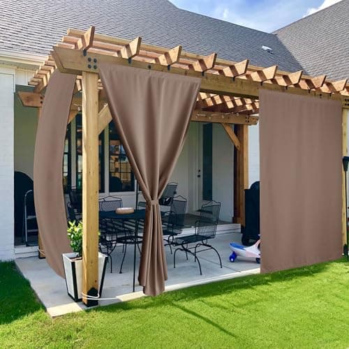 NICETOWN 2 Panels Waterproof Outdoor Curtains, Adhesive Strip Top No Rods Needed, Back Tab Bottom with Free Rope for Windproof, Weatherproof & Privacy Curtains for Patio/Porch, W52 x L108 in, Tan - Image 1