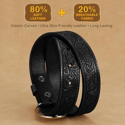 Kids Western Belt for Boys Girls Embossed Cowboy Cowgirl Genuine Leather Kid Western Buckle Belts for Jeans Gifts - Thumbnail 3