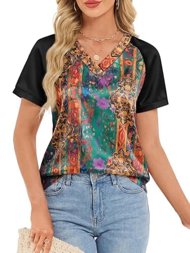 Funlingo Womens Silk Satin Shirts Summer Short Sleeve Tops V Neck Graphic Blouses Spring Fashion Clothes Vacation Travel Outfits Ethnic Prints XL - Image 1