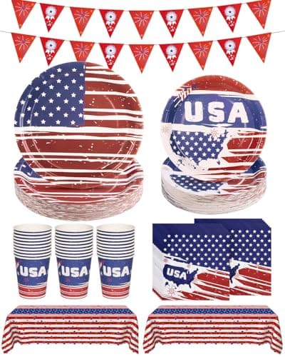 Goodluck 4th of July Party Supplies, Patriotic Disposable Paper Plates Cups Napkins Tablecloth Banner Serves 50 Guests, Red White Blue Party Supplies for Independence Day BBQ Picnic Decorations