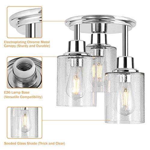 Semi Flush Mount Ceiling Light, 3-Light Close to Ceiling Light Fixtures, Electroplating Chrome Finish with Clear Seeded Glass Shade Chandelier Lighting for Stairs Porch Hallway Entryway Kitchen - Thumbnail 4